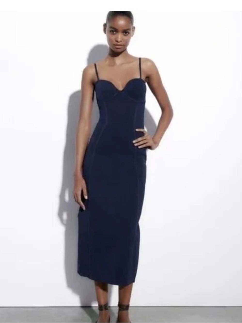 Zara Navy Sweetheart Midi Dress with Spaghetti Straps